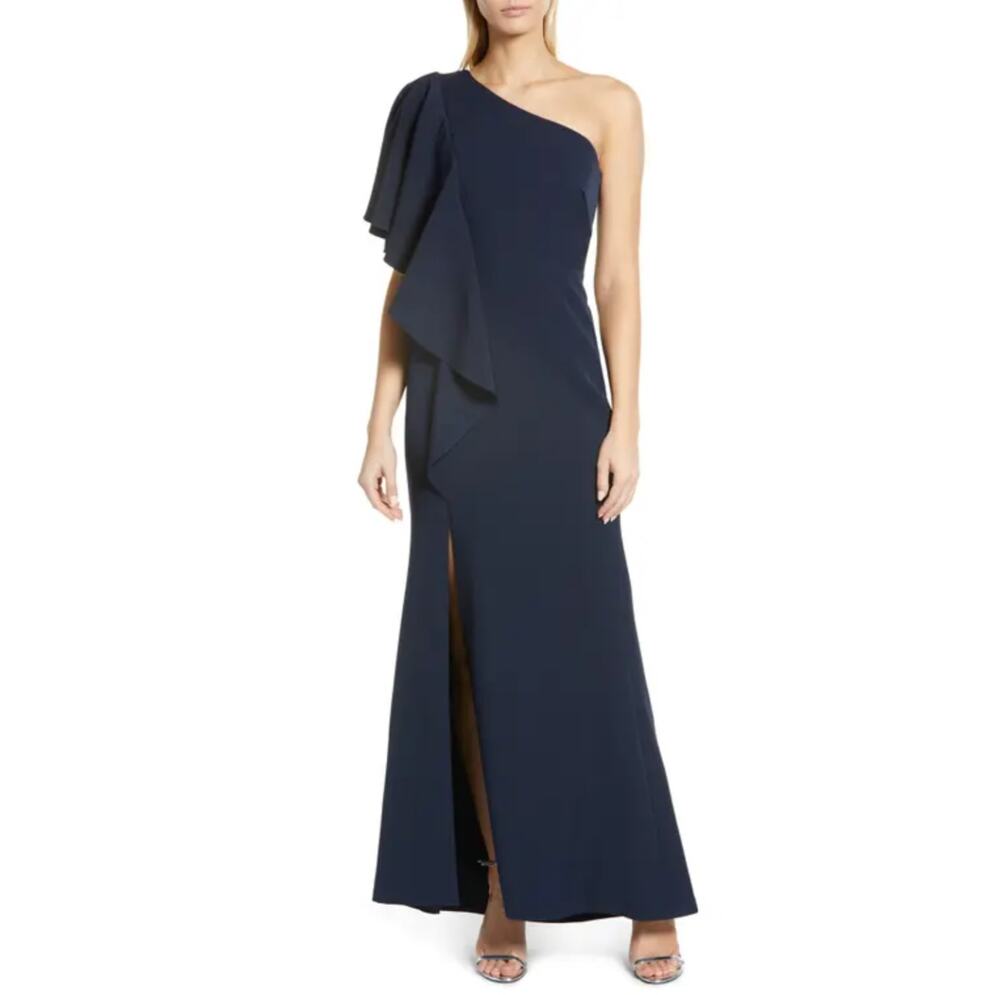 Vince Camuto Blue Evening Gown One Shoulder Ruffled Long A-Line Dress Size 6 - Picture 1 of 13